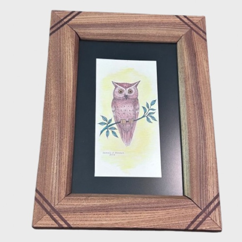 Original Signed Owl Drawing Handcrafted Splined Wood Frame Cottagecore Wall Art